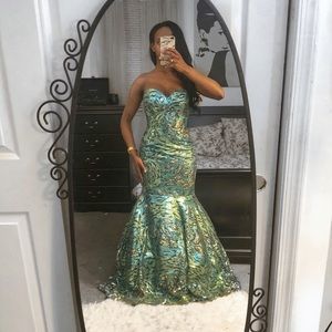 Blue and aquamarine sequin mermaid style dress.